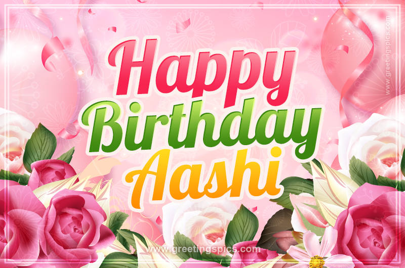 Image with gentle pink background and flowers Happy Birthday Aashi