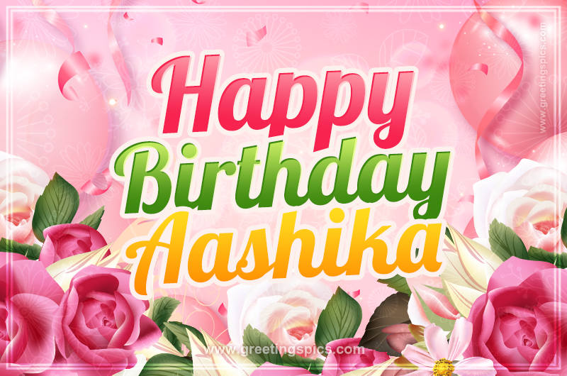 Image with gentle pink background and flowers Happy Birthday Aashika