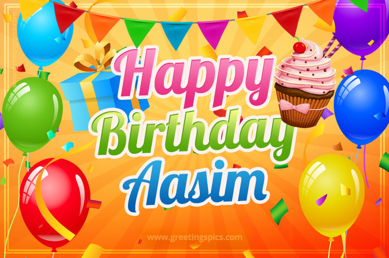 Happy Birthday Aasim eCard with gift box and cupcake