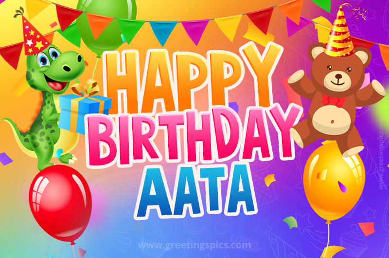 Happy Birthday Aata Image for a child with cute baby dinosaur and bear