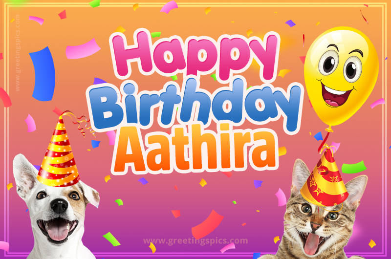 Happy Birthday Aathira Funny Image with cat and dog