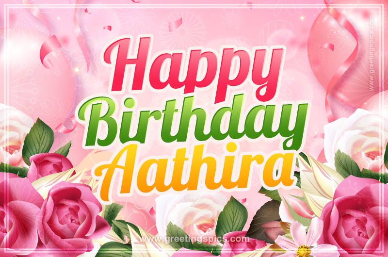 Image with gentle pink background and flowers Happy Birthday Aathira