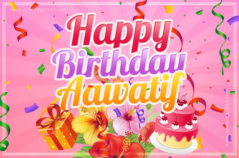 Beautiful Birthday Card for Aawatif with Cake and bouquet of flowers