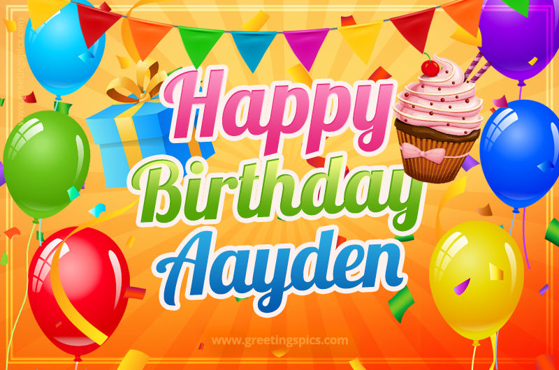 Happy Birthday Aayden eCard with gift box and cupcake