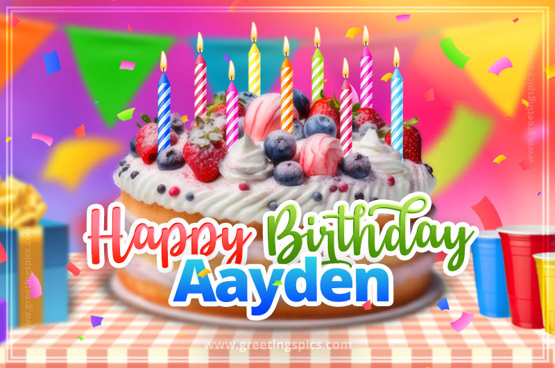 Happy Birthday Aayden Colorful Image with fruit cake and candles