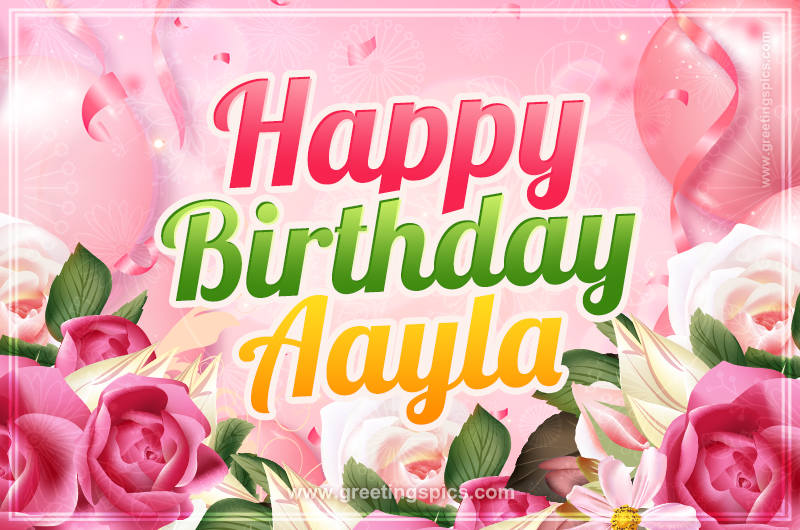 Image with gentle pink background and flowers Happy Birthday Aayla