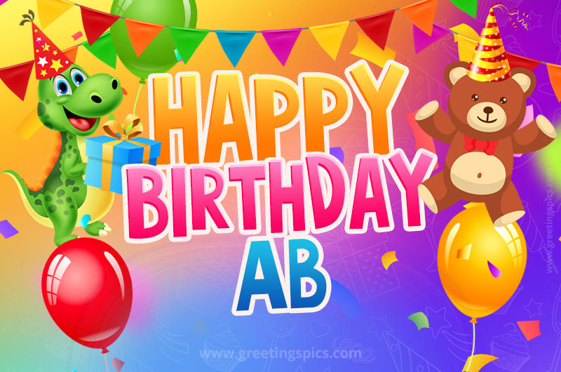 Happy Birthday Ab Image for a child with cute baby dinosaur and bear