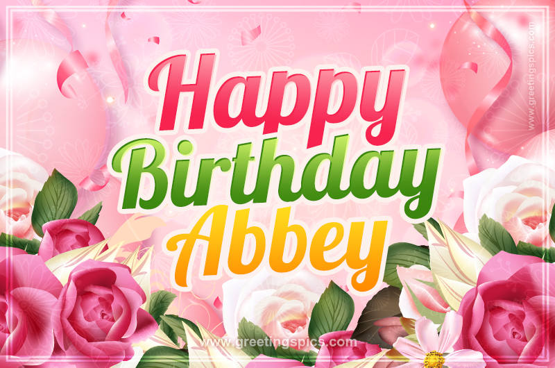 Image with gentle pink background and flowers Happy Birthday Abbey