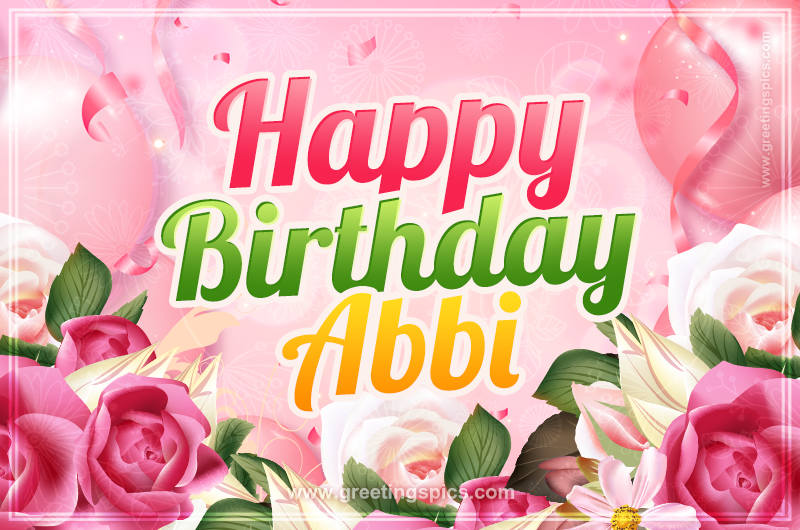 Image with gentle pink background and flowers Happy Birthday Abbi