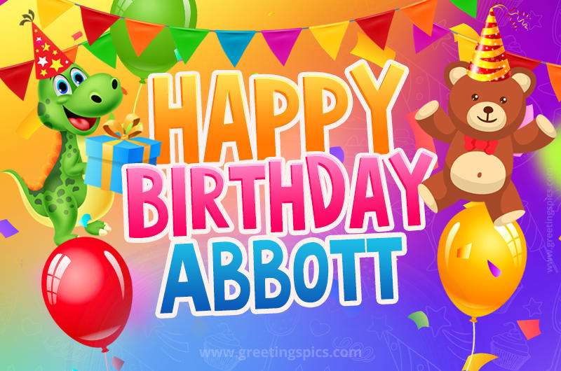 Happy Birthday Abbott Image for a child with cute baby dinosaur and bear