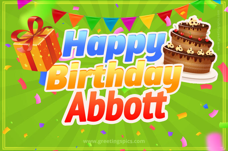 Happy Birthday Abbott picture with flags, chocolate cake and gift box