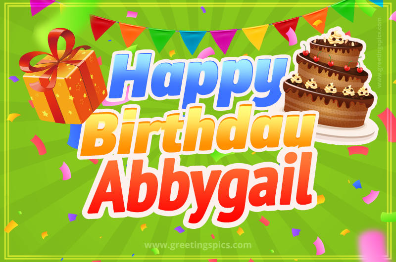 Happy Birthday Abbygail picture with flags, chocolate cake and gift box