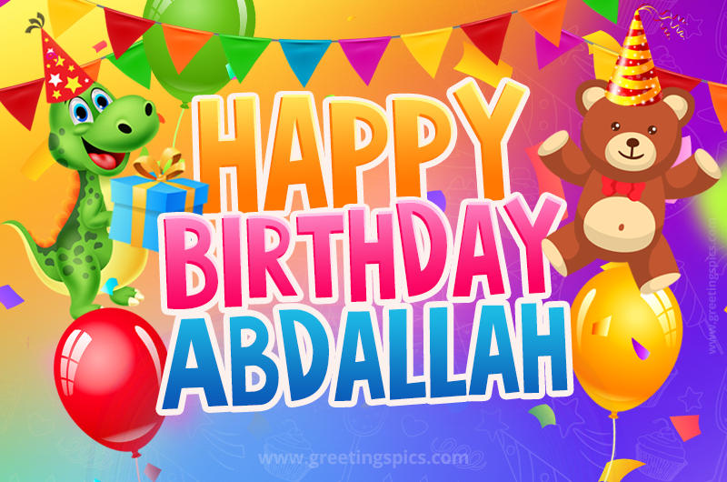 Happy Birthday Abdallah Image for a child with cute baby dinosaur and bear