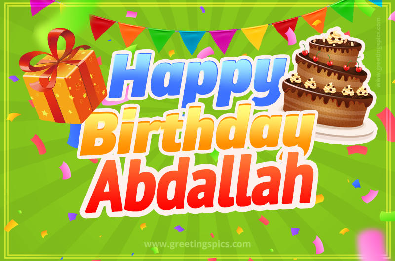 Happy Birthday Abdallah picture with flags, chocolate cake and gift box