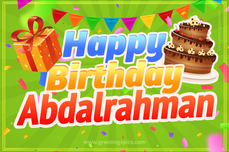 Happy Birthday Abdalrahman picture with flags, chocolate cake and gift box