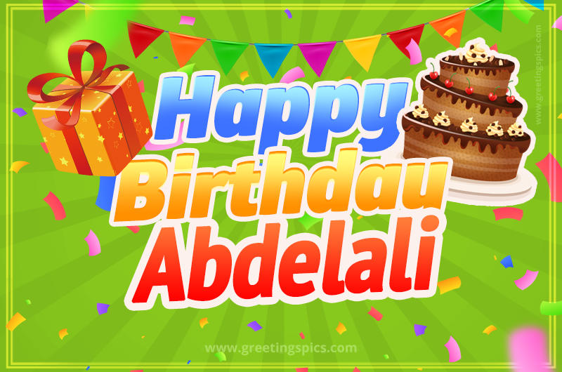 Happy Birthday Abdelali picture with flags, chocolate cake and gift box