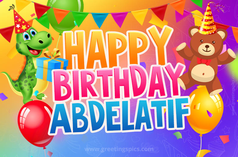 Happy Birthday Abdelatif Image for a child with cute baby dinosaur and bear