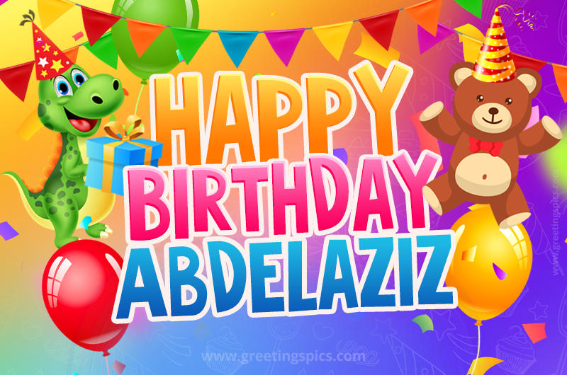 Happy Birthday Abdelaziz Image for a child with cute baby dinosaur and bear