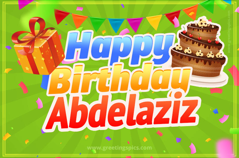 Happy Birthday Abdelaziz picture with flags, chocolate cake and gift box