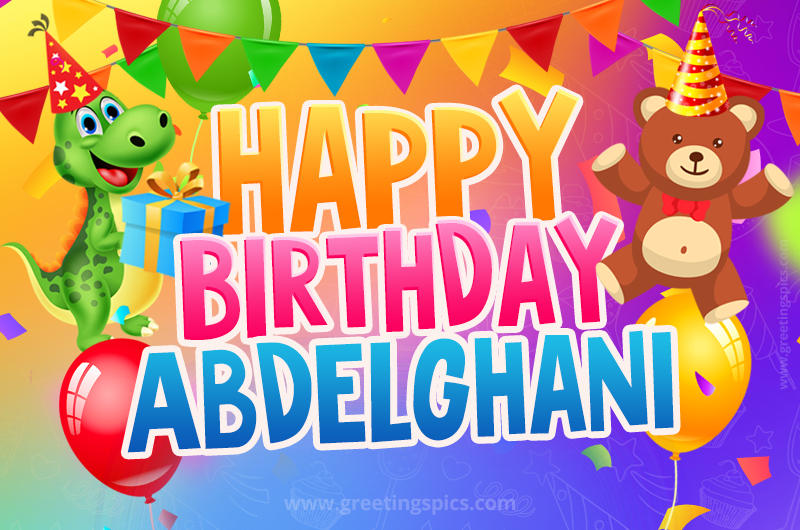 Happy Birthday Abdelghani Image for a child with cute baby dinosaur and bear