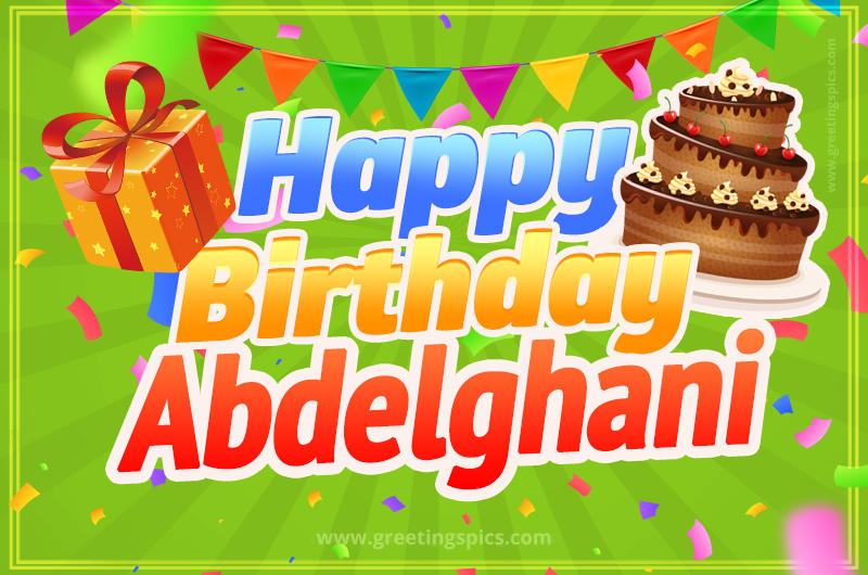 Happy Birthday Abdelghani picture with flags, chocolate cake and gift box