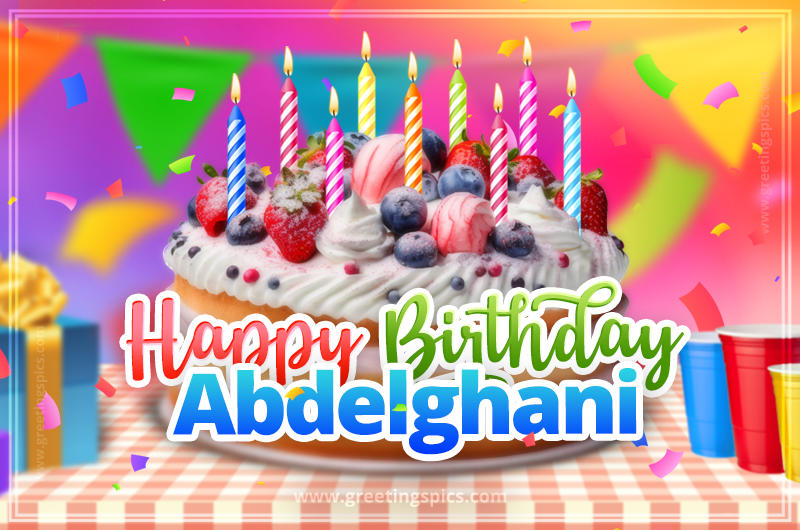 Happy Birthday Abdelghani Colorful Image with fruit cake and candles