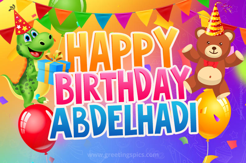 Happy Birthday Abdelhadi Image for a child with cute baby dinosaur and bear