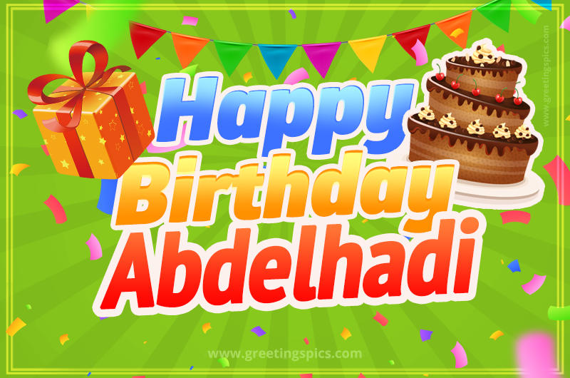 Happy Birthday Abdelhadi picture with flags, chocolate cake and gift box