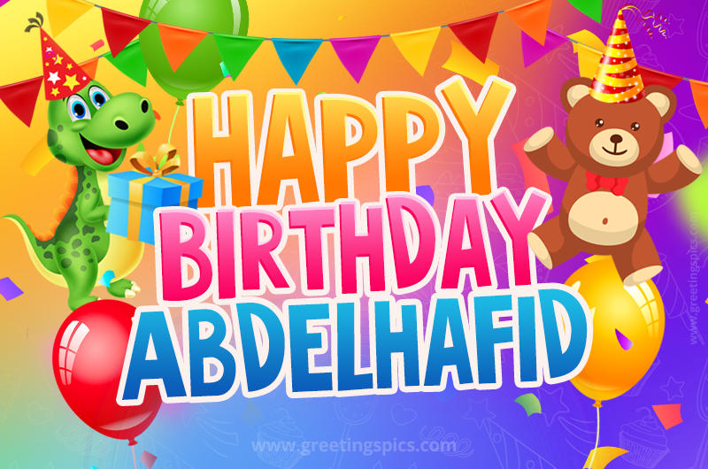 Happy Birthday Abdelhafid Image for a child with cute baby dinosaur and bear