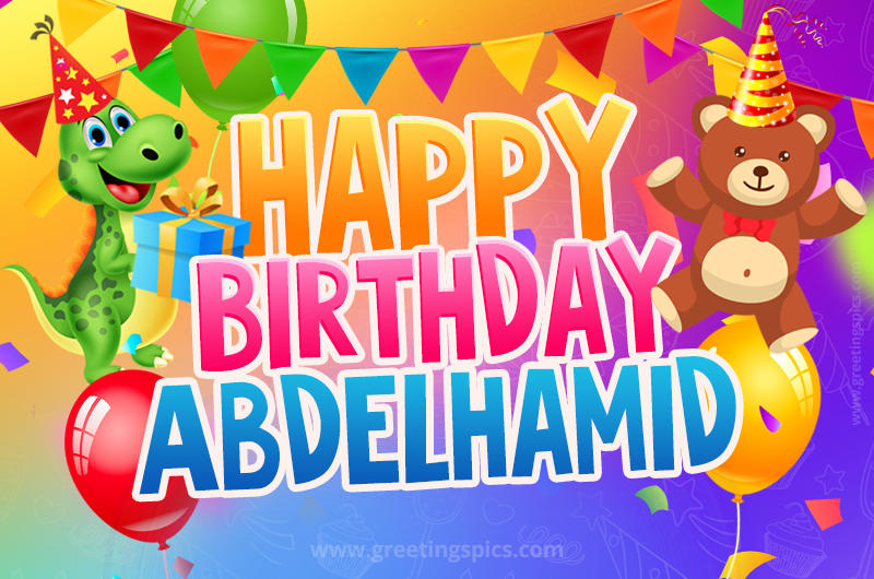 Happy Birthday Abdelhamid Image for a child with cute baby dinosaur and bear