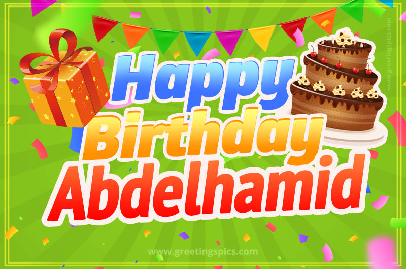 Happy Birthday Abdelhamid picture with flags, chocolate cake and gift box