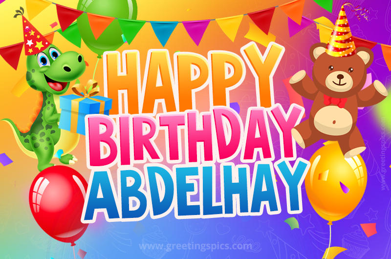 Happy Birthday Abdelhay Image for a child with cute baby dinosaur and bear