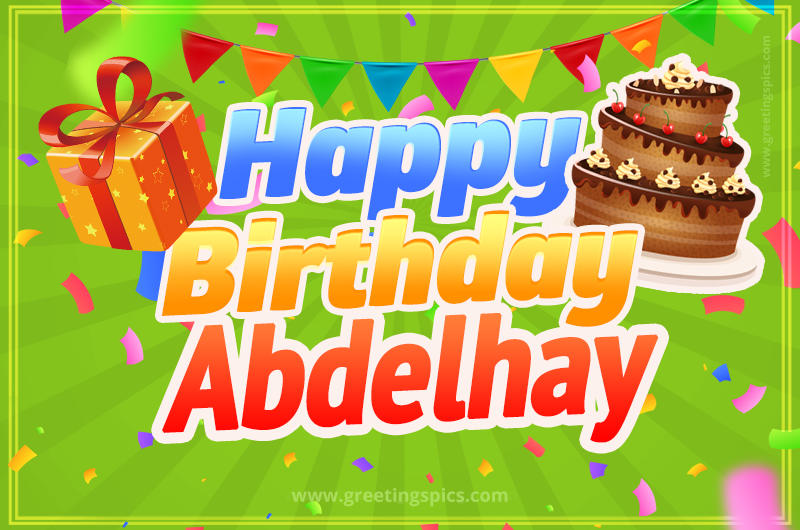 Happy Birthday Abdelhay picture with flags, chocolate cake and gift box