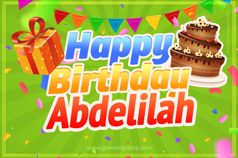 Happy Birthday Abdelilah picture with flags, chocolate cake and gift box