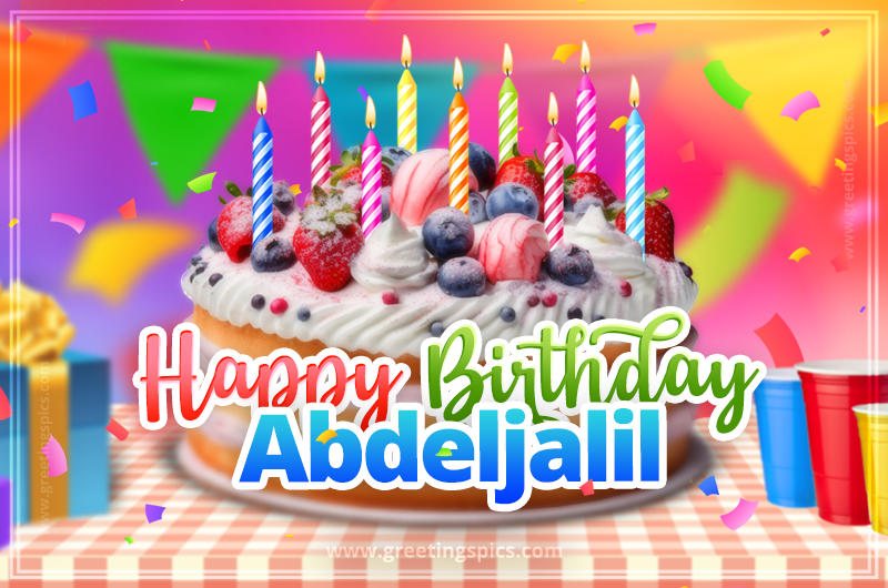 Happy Birthday Abdeljalil Colorful Image with fruit cake and candles