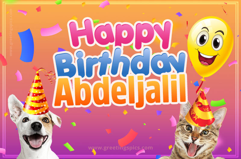 Happy Birthday Abdeljalil Funny Image with cat and dog