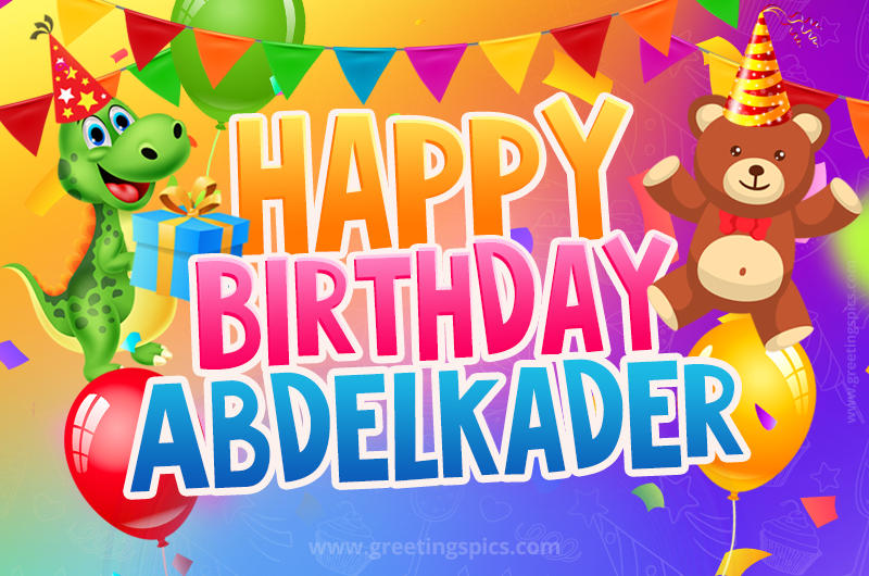 Happy Birthday Abdelkader Image for a child with cute baby dinosaur and bear