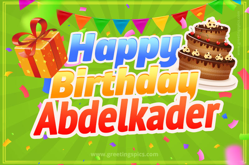 Happy Birthday Abdelkader picture with flags, chocolate cake and gift box