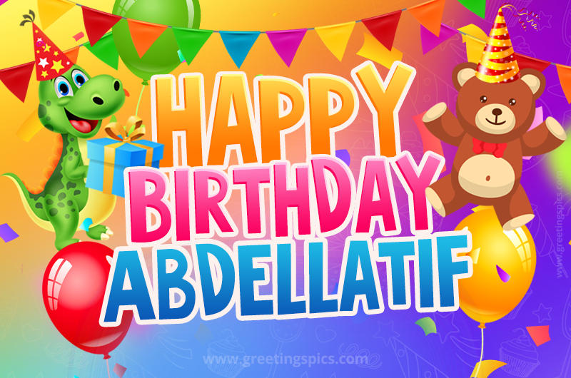 Happy Birthday Abdellatif Image for a child with cute baby dinosaur and bear