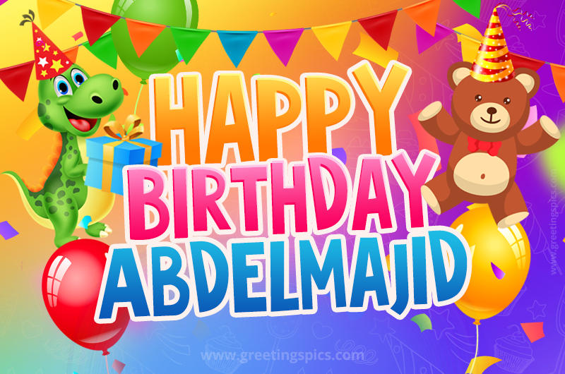 Happy Birthday Abdelmajid Image for a child with cute baby dinosaur and bear