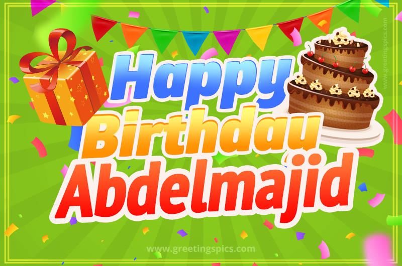 Happy Birthday Abdelmajid picture with flags, chocolate cake and gift box