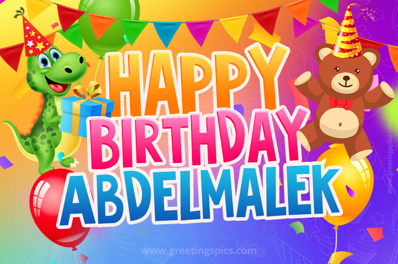 Happy Birthday Abdelmalek Image for a child with cute baby dinosaur and bear