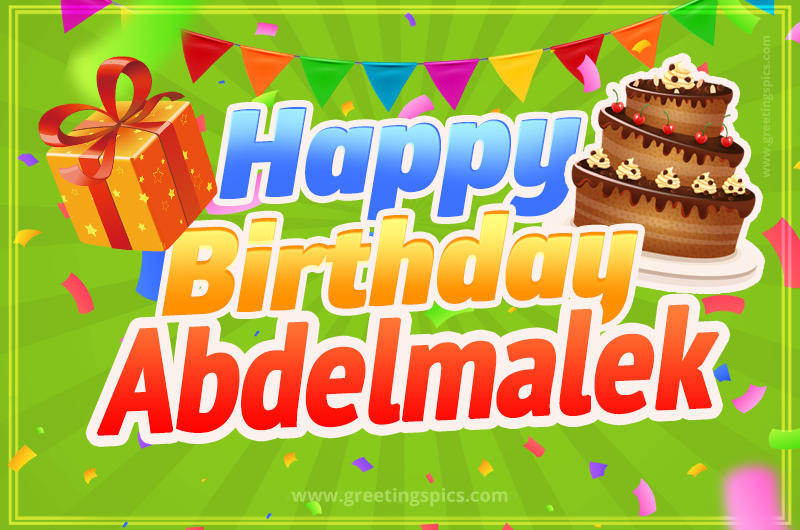 Happy Birthday Abdelmalek picture with flags, chocolate cake and gift box