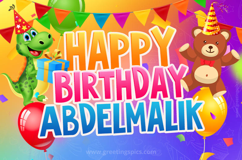 Happy Birthday Abdelmalik Image for a child with cute baby dinosaur and bear