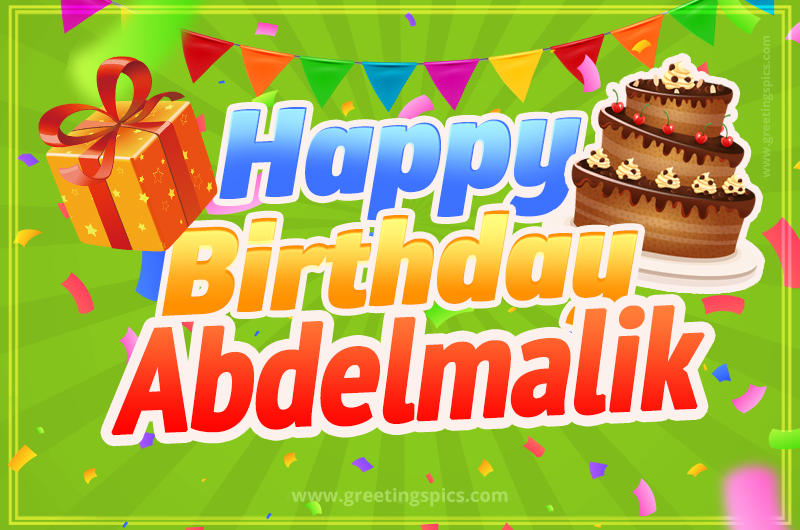 Happy Birthday Abdelmalik picture with flags, chocolate cake and gift box