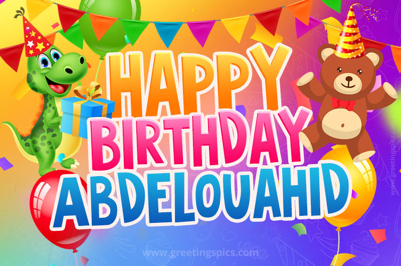 Happy Birthday Abdelouahid Image for a child with cute baby dinosaur and bear