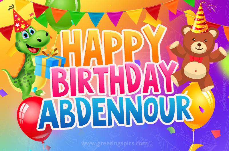 Happy Birthday Abdennour Image for a child with cute baby dinosaur and bear