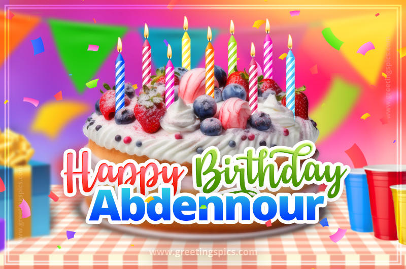 Happy Birthday Abdennour Colorful Image with fruit cake and candles