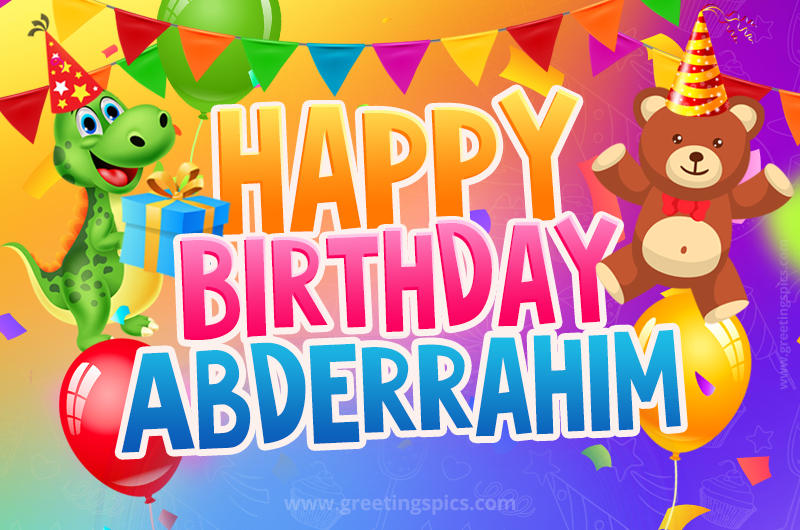 Happy Birthday Abderrahim Image for a child with cute baby dinosaur and bear