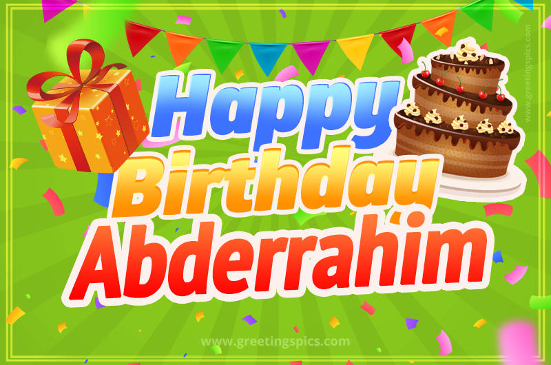 Happy Birthday Abderrahim picture with flags, chocolate cake and gift box